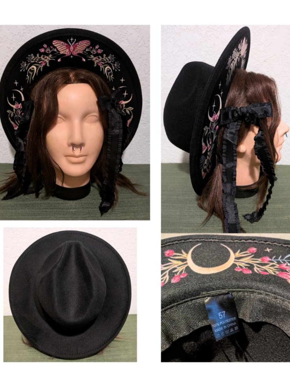Witchy Goth Wide Brim Dark Cottagecore Hat Floral Butterfly Moon Celestial Fairy